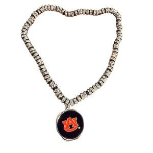 Auburn Tigers Crystal Bead Stretch Necklace Logo Pendant Silver Tone Rhinestones